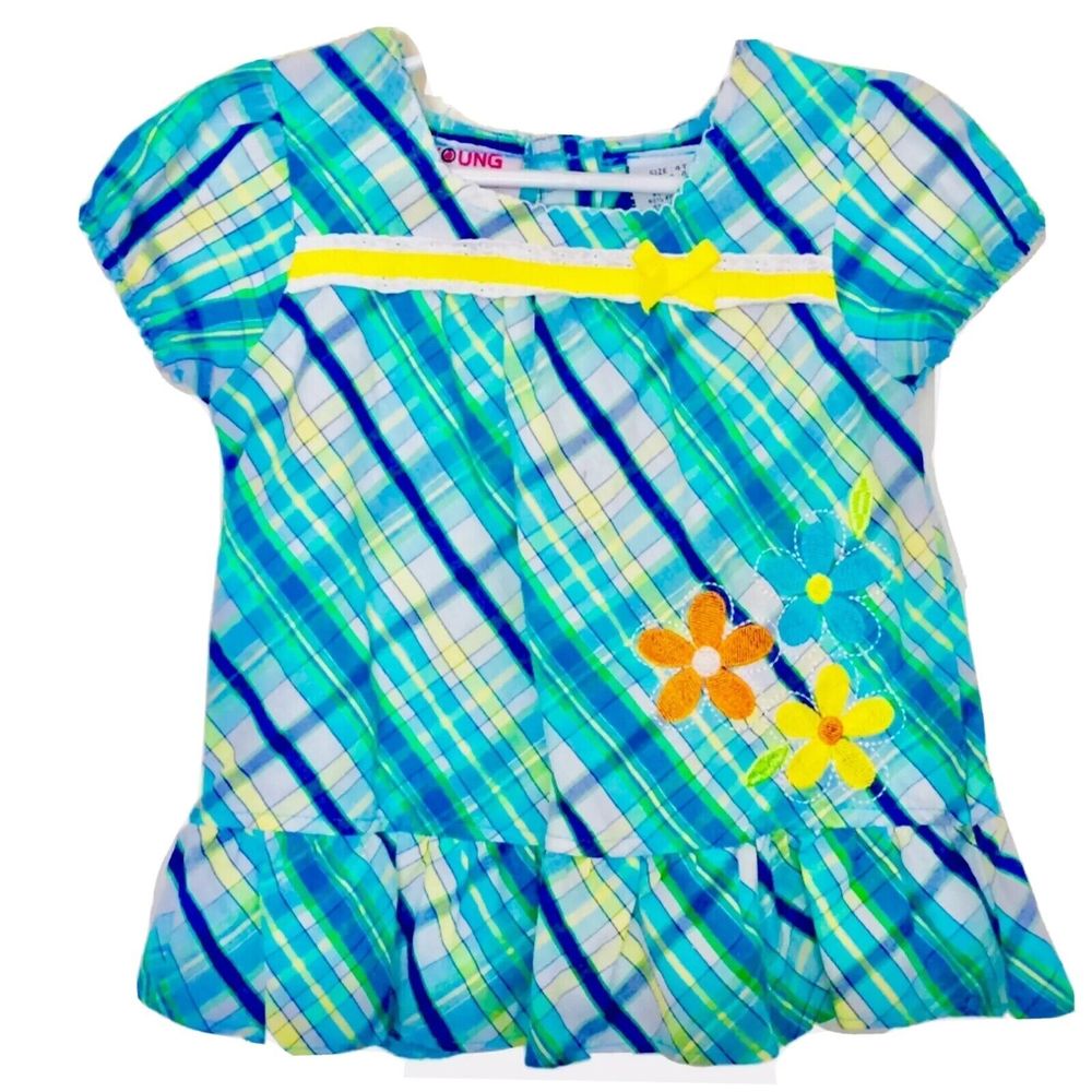 Young Hearts Toddler Girls Top Blouse Plaid  Size 4 Toddler Floral Ribbon  Green